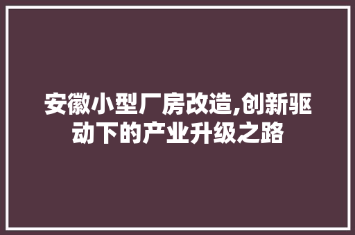安徽小型厂房改造,创新驱动下的产业升级之路